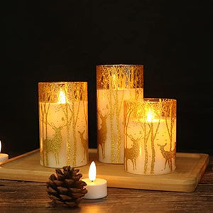 Glass Flameless Candles Flickering with Timer Remote, 3 Pack Gold Reindeer Elk Decal Real Wax Candles Lights for Christmas - Decotree.co Online Shop