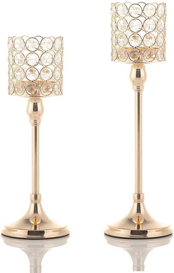 Gold Crystal Cylinder Candle Holders Set of 2 for Anniversary Celebration Table Centerpieces Christmas Decorations - Decotree.co Online Shop