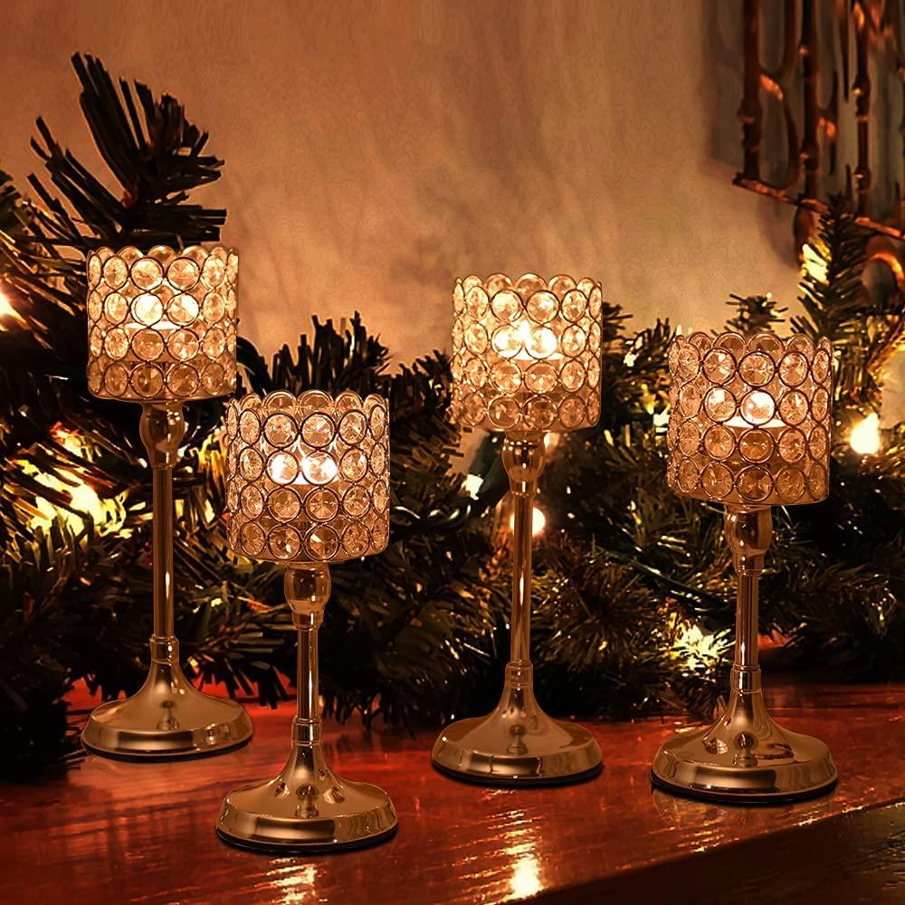 Gold Crystal Cylinder Candle Holders Set of 2 for Anniversary Celebration Table Centerpieces Christmas Decorations - Decotree.co Online Shop