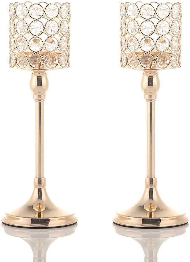 Gold Crystal Cylinder Candle Holders Set of 2 for Anniversary Celebration Table Centerpieces Christmas Decorations - Decotree.co Online Shop