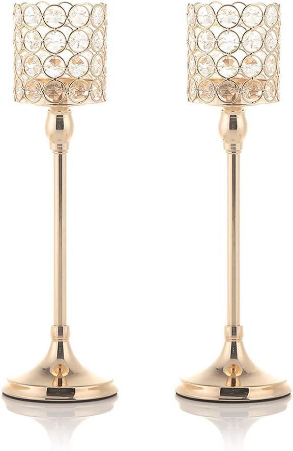 Gold Crystal Cylinder Candle Holders Set of 2 for Anniversary Celebration Table Centerpieces Christmas Decorations - Decotree.co Online Shop