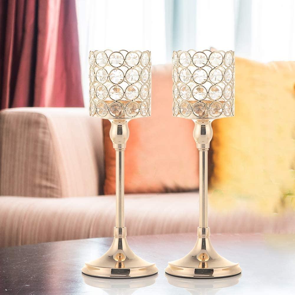 Gold Crystal Cylinder Candle Holders Set of 2 for Anniversary Celebration Table Centerpieces Christmas Decorations - Decotree.co Online Shop