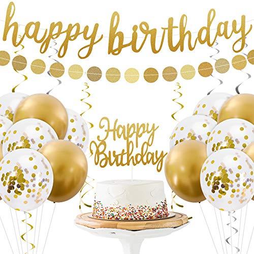 Gold Happy Birthday Banner Decoration Set with Birthday Banner Cake Topper Confetti Balloons - Decotree.co Online Shop