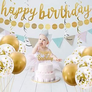 Gold Happy Birthday Banner Decoration Set with Birthday Banner Cake Topper Confetti Balloons - Decotree.co Online Shop