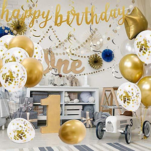 Gold Happy Birthday Banner Decoration Set with Birthday Banner Cake Topper Confetti Balloons - Decotree.co Online Shop