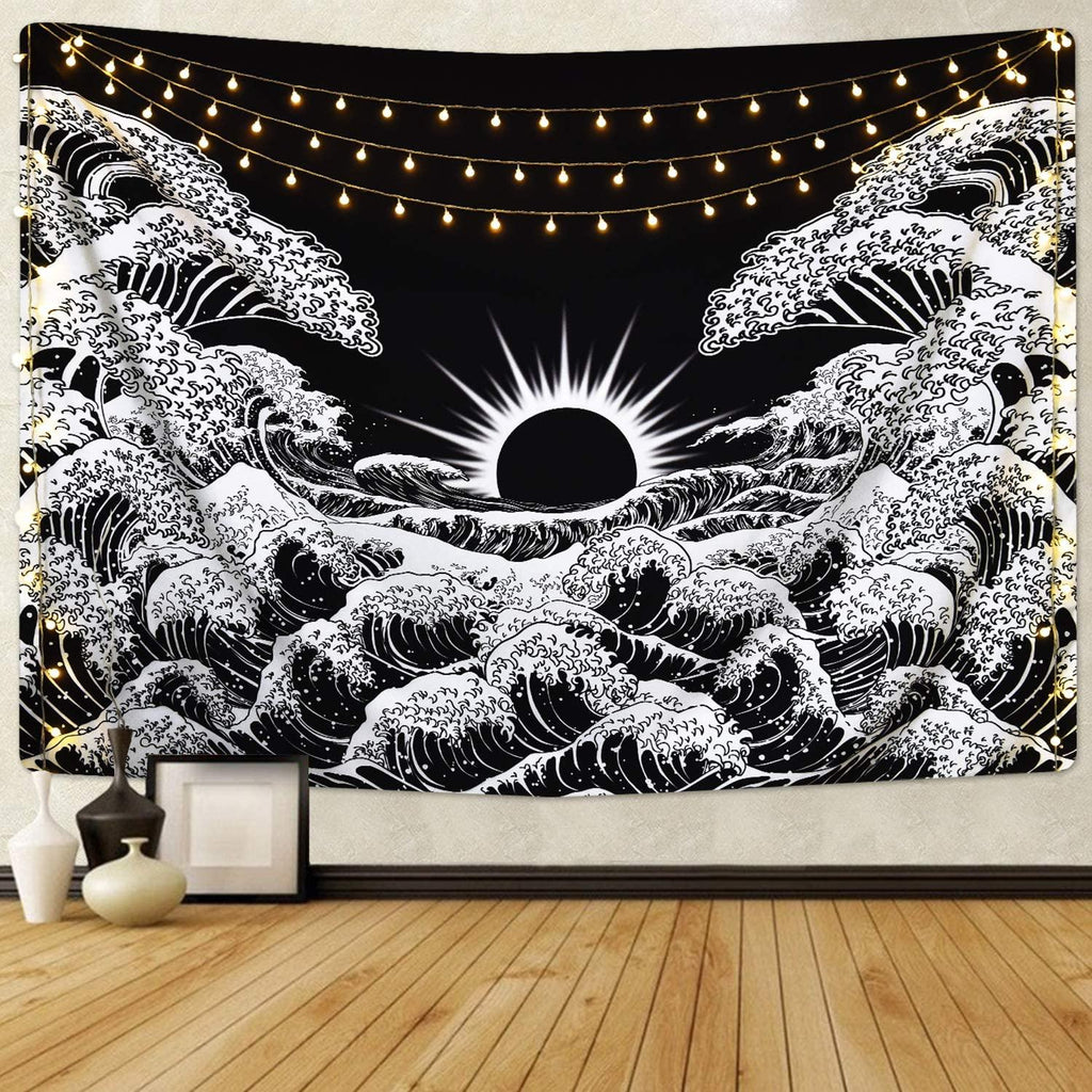 Great Wave Tapestry Sunset Tapestry Ocean Wave Tapestry Black and White Tapestry Wall Hanging for Room(59.1 x 59.1 inches) - Decotree.co Online Shop