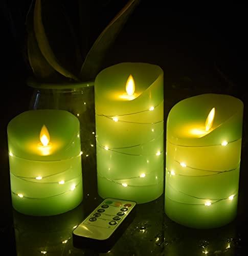 Green LED flameless Candle with Embedded Starlight String, 3 LED Candles, 10-Key Remote Control, 24-Hour Timer Function, Dancing Flame - Decotree.co Online Shop