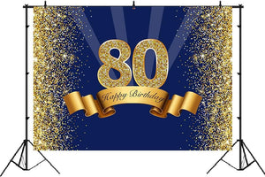 Happy 80th Birthday Photography Backdrop for Adult Men Navy Blue and Glitter Gold Eighty Years Old Background - Decotree.co Online Shop