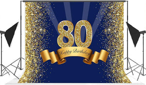 Happy 80th Birthday Photography Backdrop for Adult Men Navy Blue and Glitter Gold Eighty Years Old Background - Decotree.co Online Shop