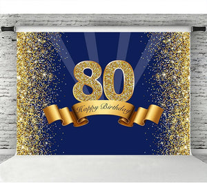 Happy 80th Birthday Photography Backdrop for Adult Men Navy Blue and Glitter Gold Eighty Years Old Background - Decotree.co Online Shop