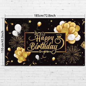 Happy Birthday Backdrop Banner Black and Gold Sign Poster Large Fabric Glitter Balloon Fireworks Sign - Decotree.co Online Shop