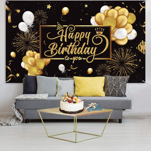 Happy Birthday Backdrop Banner Black and Gold Sign Poster Large Fabric Glitter Balloon Fireworks Sign - Decotree.co Online Shop