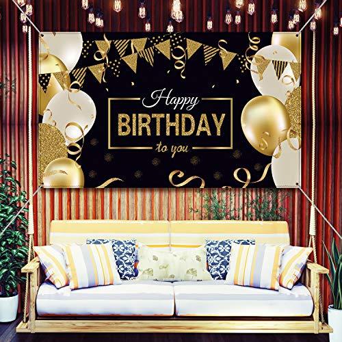 Happy Birthday Backdrop Banner Extra Large Black and Gold Sign Poster for Men Women Birthday Anniversary Party Photo Booth Backdrop - Decotree.co Online Shop