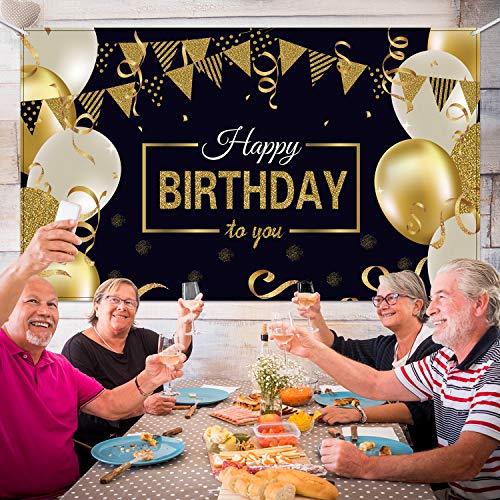 Happy Birthday Backdrop Banner Extra Large Black and Gold Sign Poster for Men Women Birthday Anniversary Party Photo Booth Backdrop - Decotree.co Online Shop