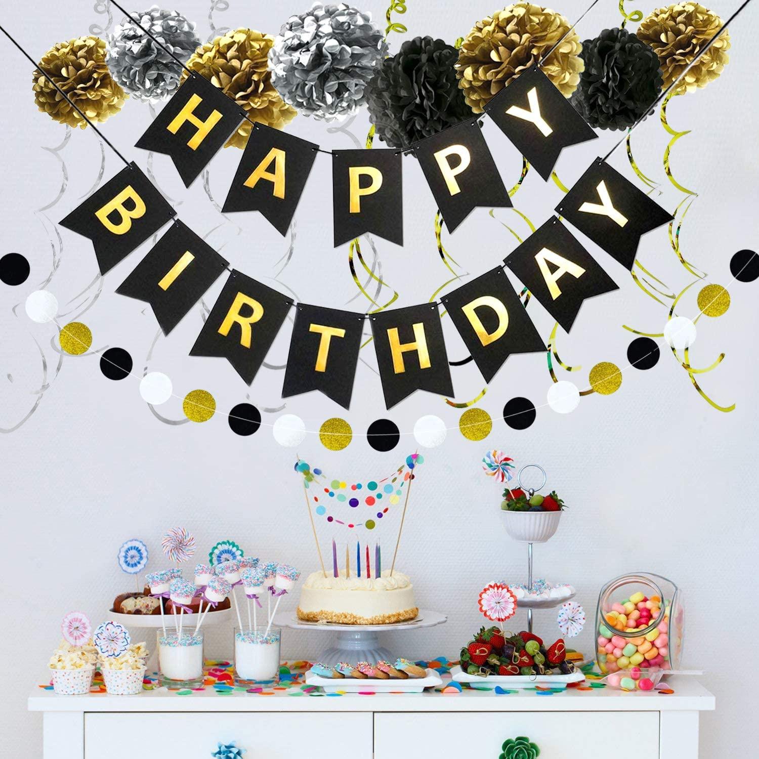 Happy Birthday Banner Kit - Happy Birthday Decorations - 1 Bday Banner, 9 Swirls, 8 Pom Poms Flowers, 1 Dots Garland - Birthday Party Decorations - Decotree.co Online Shop