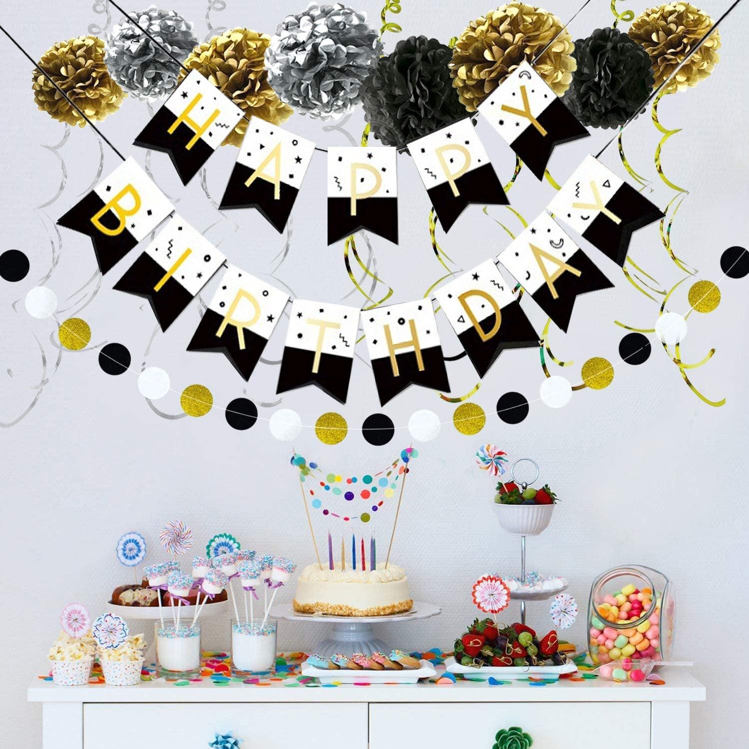 Happy Birthday Banner Kit - Happy Birthday Decorations - 1 Bday Banner, 9 Swirls, 8 Pom Poms Flowers, 1 Dots Garland - Birthday Party Decorations - Decotree.co Online Shop