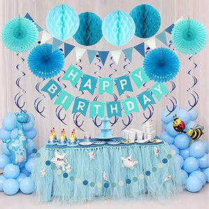 Happy Birthday Banner with Paper Fans, Honeycomb Balls, Triangular Pennants, Circle Paper Garland, Hanging Swirls and Balloons - Blue, Sky Blue and White - Decotree.co Online Shop