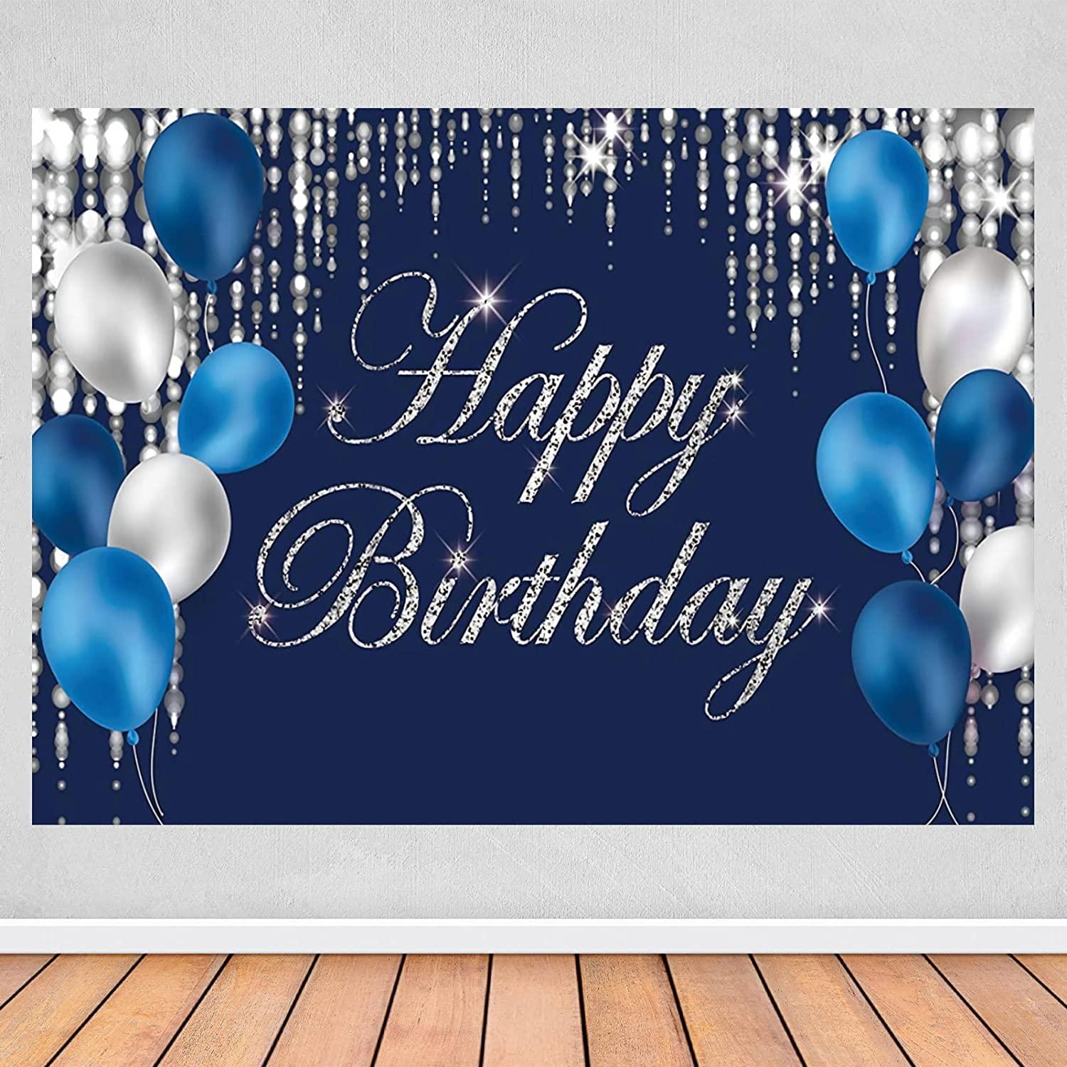 Happy Birthday Photography Backdrop Navy Blue and Silver Happy Birthday Sign - Decotree.co Online Shop