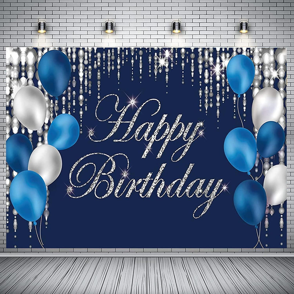 Happy Birthday Photography Backdrop Navy Blue and Silver Happy Birthday Sign - Decotree.co Online Shop