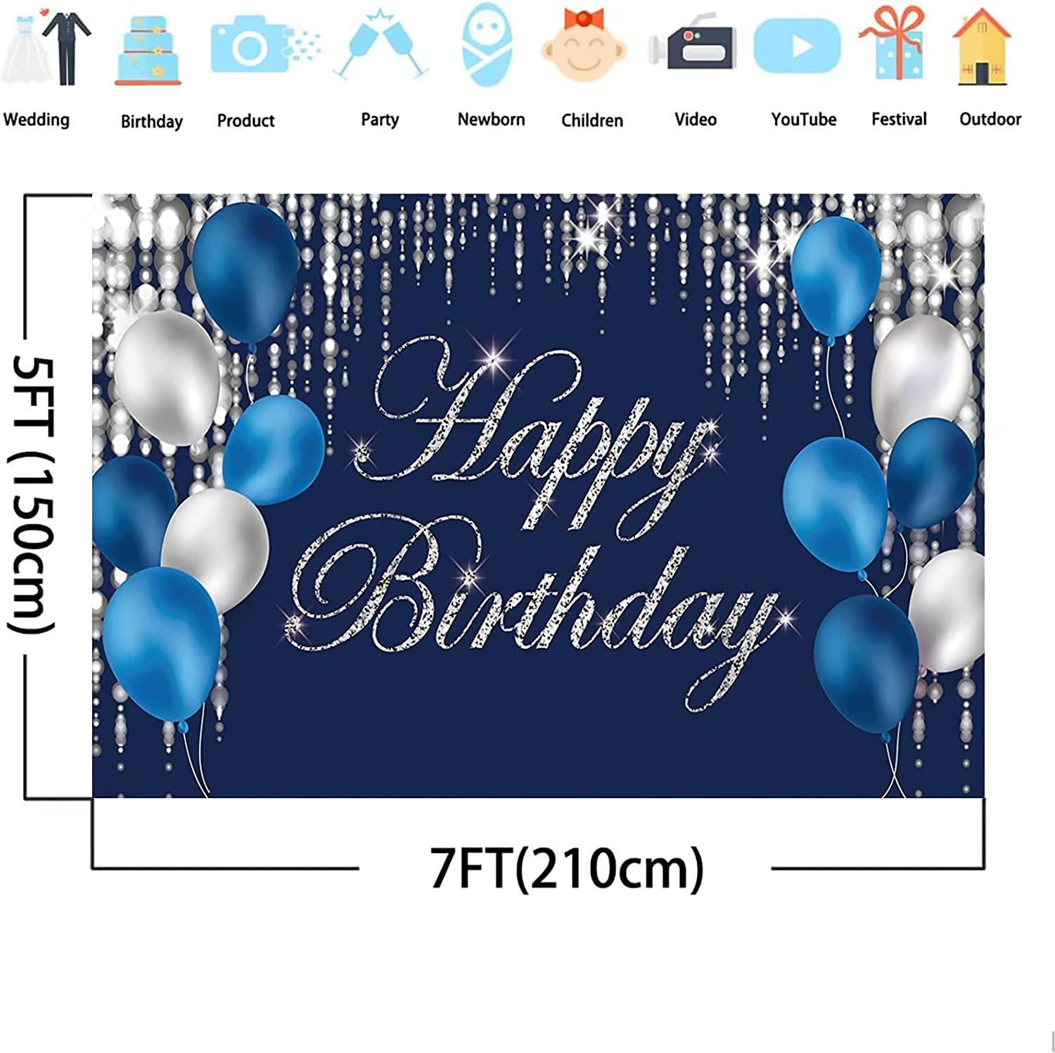 Happy Birthday Photography Backdrop Navy Blue and Silver Happy Birthday Sign - Decotree.co Online Shop