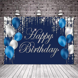 Happy Birthday Photography Backdrop Navy Blue and Silver Happy Birthday Sign - Decotree.co Online Shop