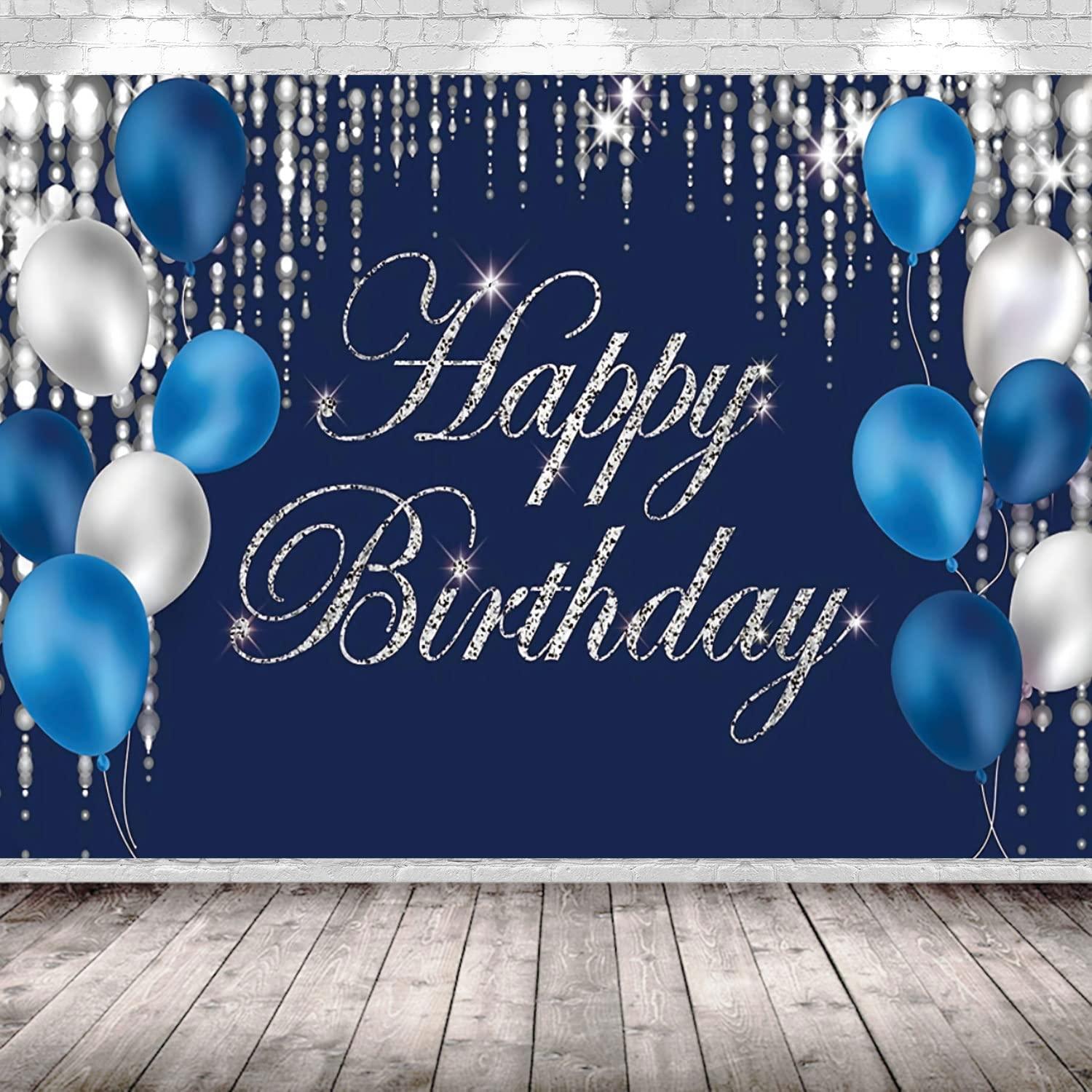 Happy Birthday Photography Backdrop Navy Blue and Silver Happy Birthday Sign - Decotree.co Online Shop