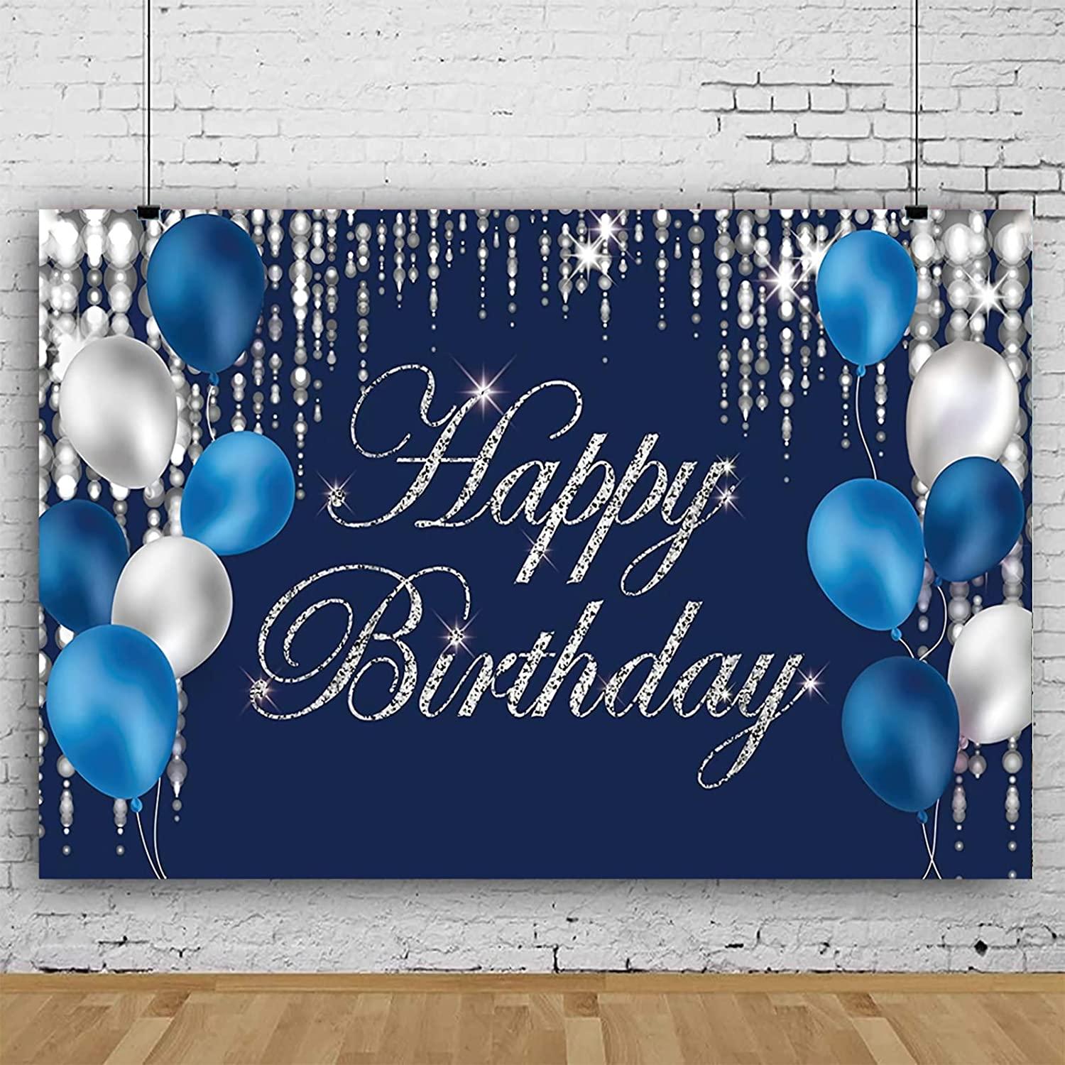 Happy Birthday Photography Backdrop Navy Blue and Silver Happy Birthday Sign - Decotree.co Online Shop