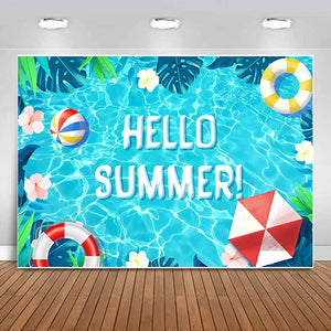 Hello Summer Pool Party Backdrop Tropical Swimming Ring Balls Hawaiian Birthday Photography Background - Decotree.co Online Shop