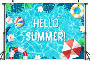 Hello Summer Pool Party Backdrop Tropical Swimming Ring Balls Hawaiian Birthday Photography Background - Decotree.co Online Shop