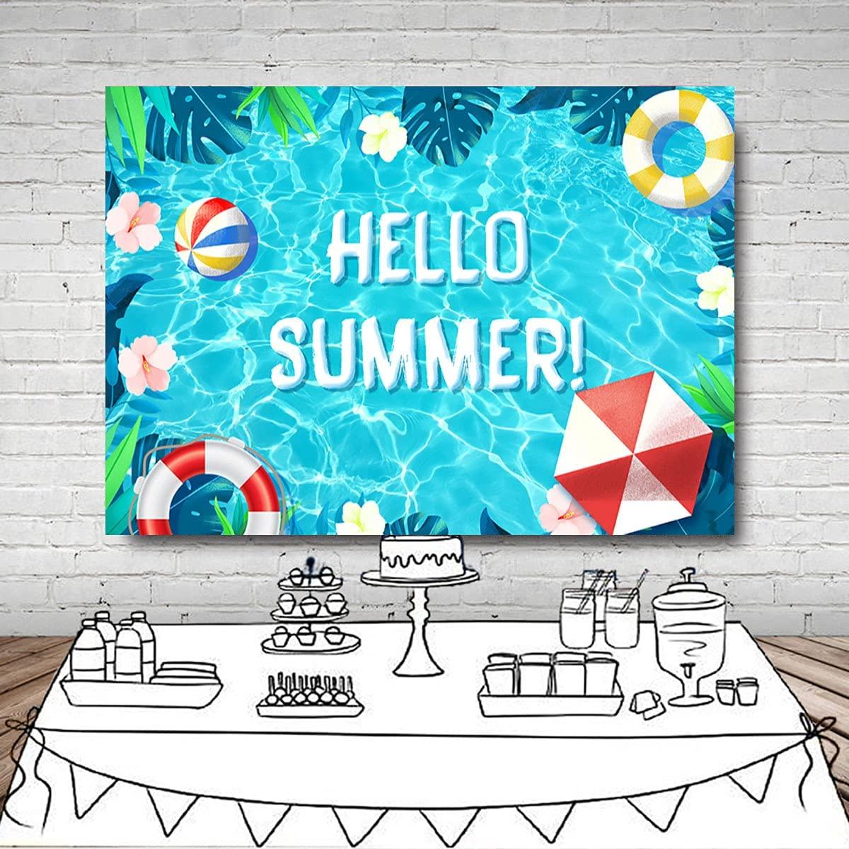 Hello Summer Pool Party Backdrop Tropical Swimming Ring Balls Hawaiian Birthday Photography Background - Decotree.co Online Shop