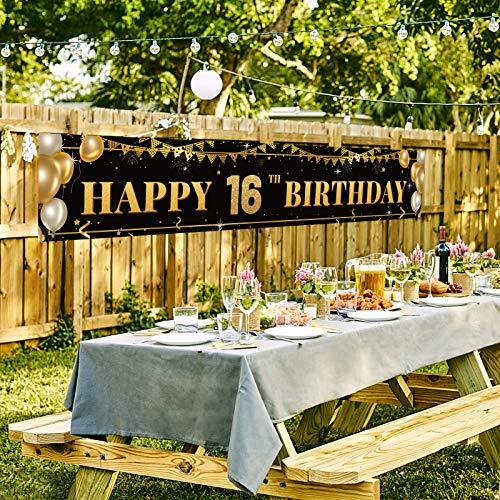 Large Happy 16th Birthday Decoration Banner, Black and Gold Happy 16th Birthday Banner Sign, 16th Birthday Party Decorations Supplies(9.8x1.6ft) - Decotree.co Online Shop