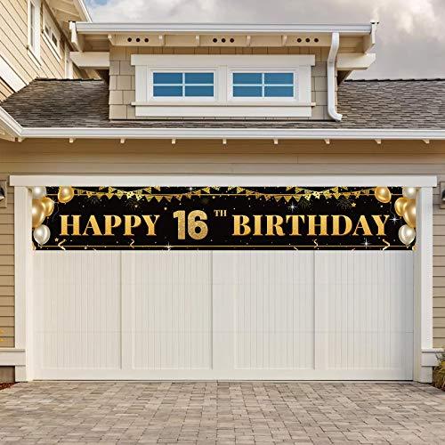 Large Happy 16th Birthday Decoration Banner, Black and Gold Happy 16th Birthday Banner Sign, 16th Birthday Party Decorations Supplies(9.8x1.6ft) - Decotree.co Online Shop