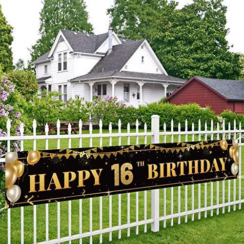 Large Happy 16th Birthday Decoration Banner, Black and Gold Happy 16th Birthday Banner Sign, 16th Birthday Party Decorations Supplies(9.8x1.6ft) - Decotree.co Online Shop