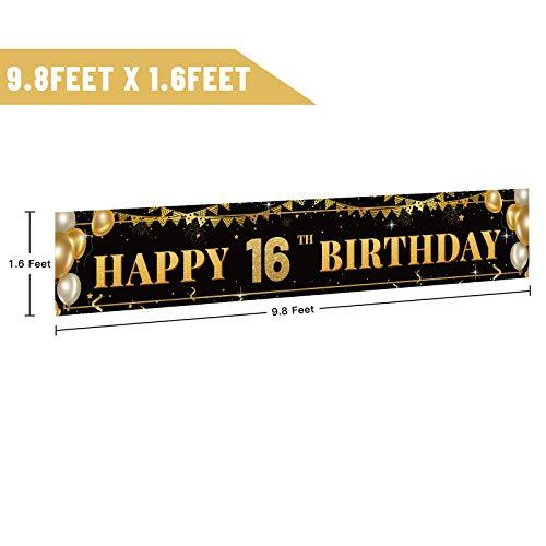 Large Happy 16th Birthday Decoration Banner, Black and Gold Happy 16th Birthday Banner Sign, 16th Birthday Party Decorations Supplies(9.8x1.6ft) - Decotree.co Online Shop