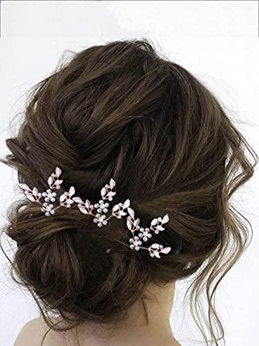 Leaf Bride Wedding Hair Pins Crystal Bridal Head Dress Pearl Hair Accessories for Women and Girls (Pack of 3) (Rose Gold) - Decotree.co Online Shop