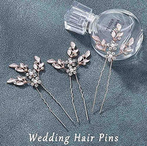 Leaf Bride Wedding Hair Pins Crystal Bridal Head Dress Pearl Hair Accessories for Women and Girls (Pack of 3) (Rose Gold) - Decotree.co Online Shop