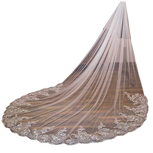 Long Wedding Veil Lace Sequins Edge Cathedral Wedding Bridal Veil with Metal Comb, Ivory - Decotree.co Online Shop