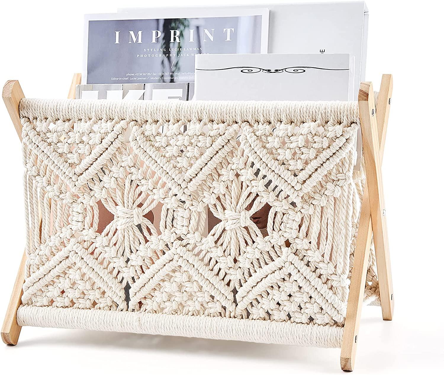 Macrame Magazine Rack Boho Magazine Holder Storage Standing Basket for Books - Decotree.co Online Shop