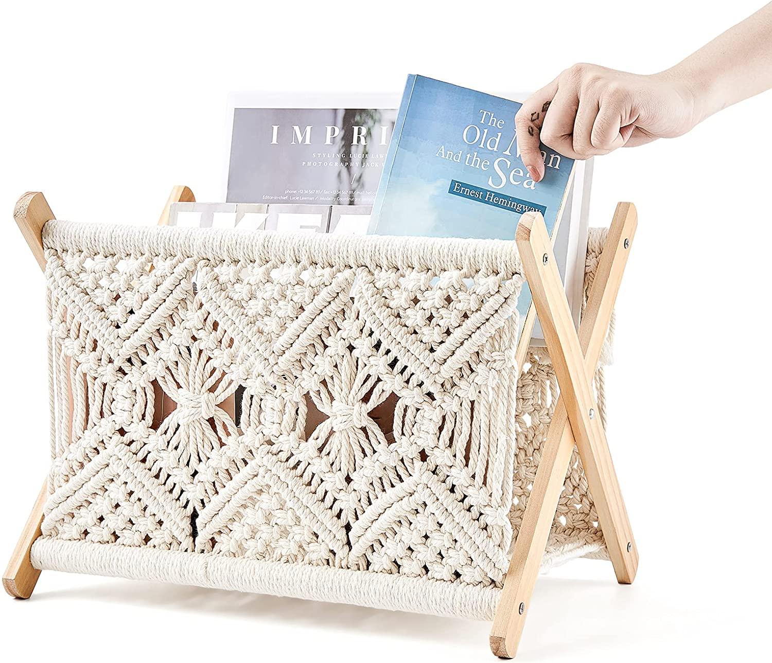 Macrame Magazine Rack Boho Magazine Holder Storage Standing Basket for Books - Decotree.co Online Shop