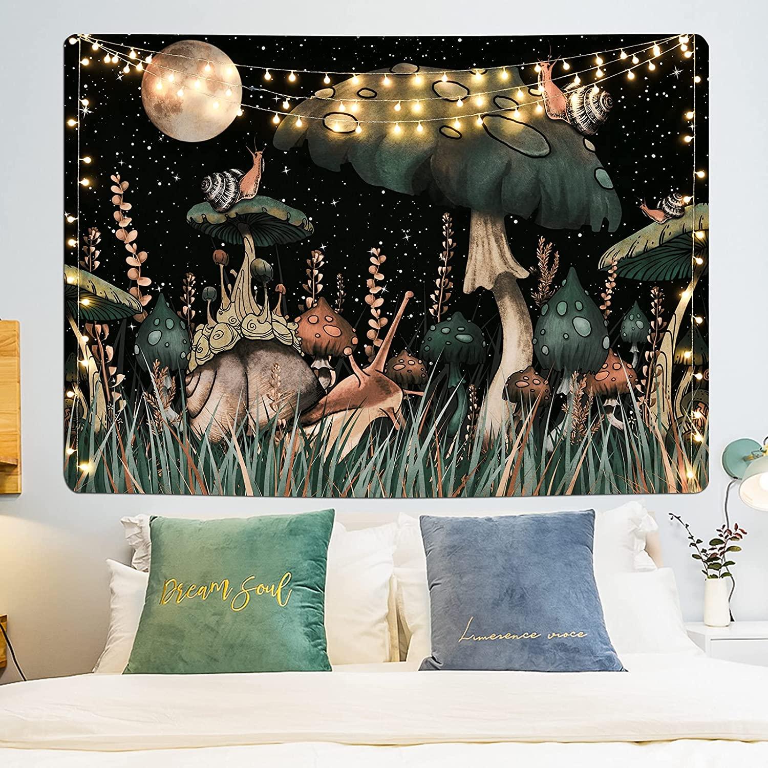 Mushroom Tapestry Moon and Stars Tapestry Snail Tapestry Fantasy Plants and Leaves Tapestry Wall Hanging for Room - Decotree.co Online Shop