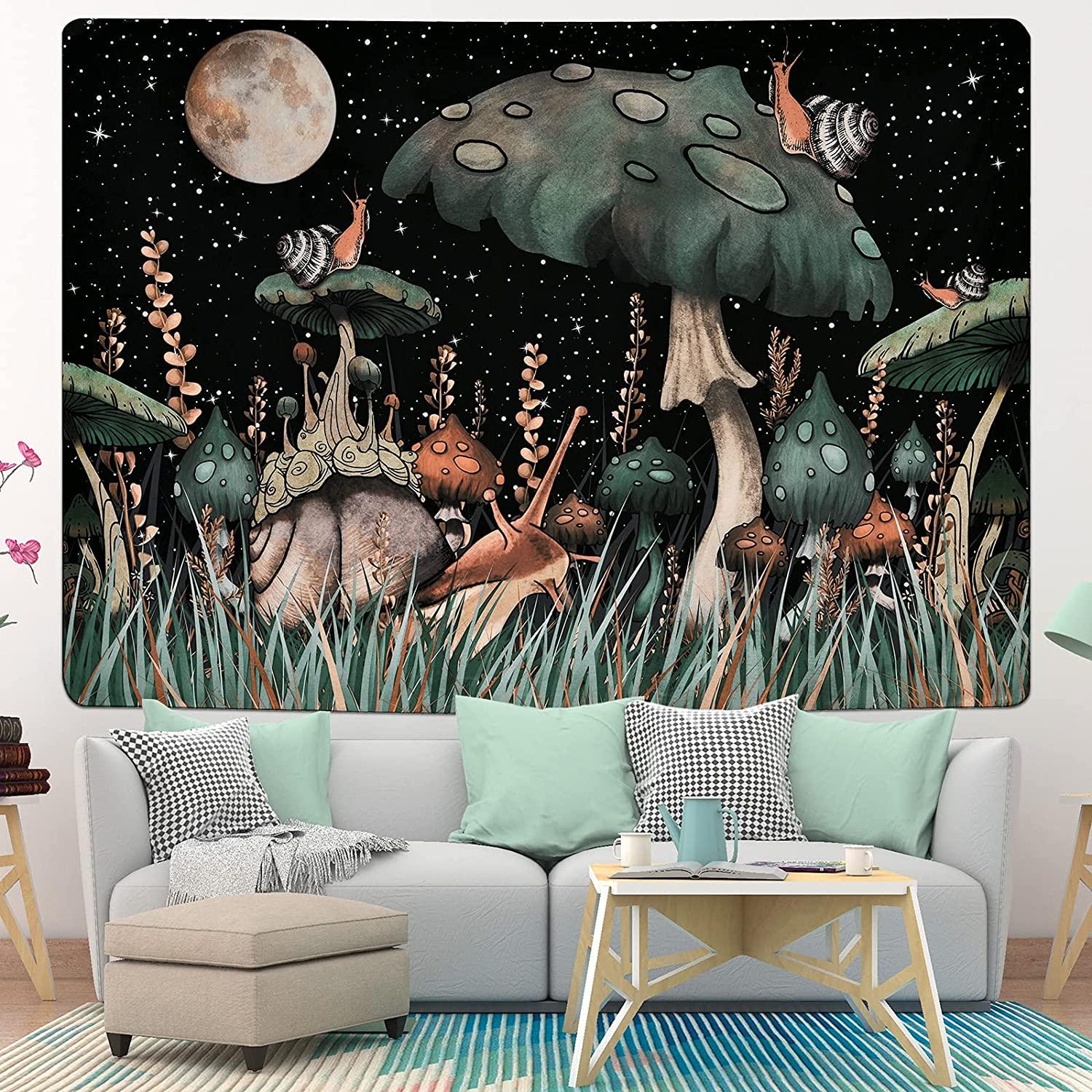 Mushroom Tapestry Moon and Stars Tapestry Snail Tapestry Fantasy Plants and Leaves Tapestry Wall Hanging for Room - Decotree.co Online Shop