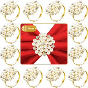 Napkin Rings Set of 12 Pearls Round Flower Gold Silver Napkin Buckles Rhinestone Napkin Holders - Decotree.co Online Shop