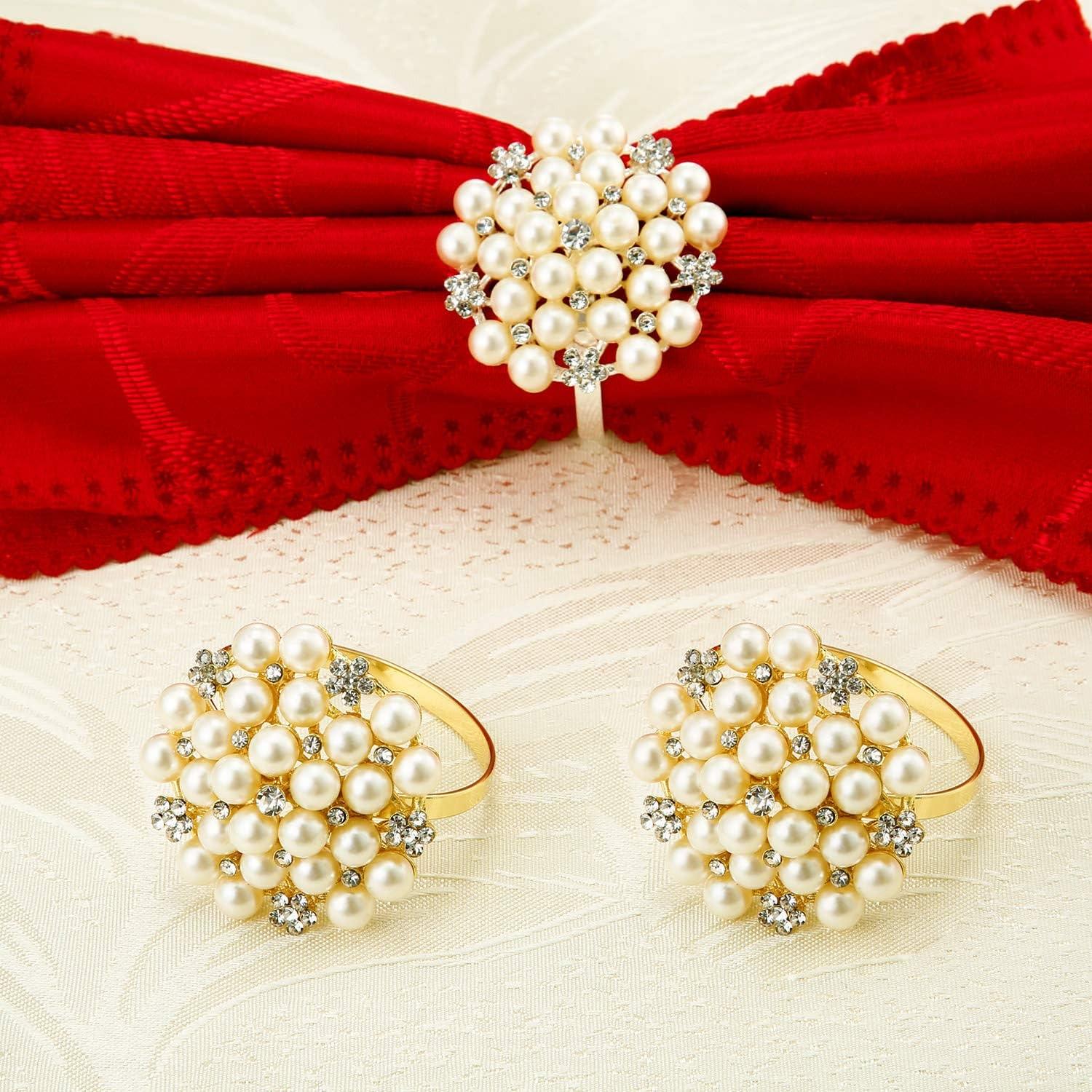 Napkin Rings Set of 12 Pearls Round Flower Gold Silver Napkin Buckles Rhinestone Napkin Holders - Decotree.co Online Shop