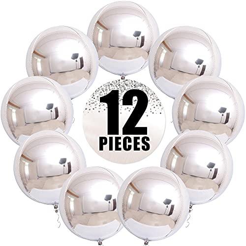 Pack of 12 | Big 22 Inches 360 Degree Round Metallic Helium Silver Balloons | 4D Sphere Mylar Foil Mirror Finish | Birthday Party Supplies - Decotree.co Online Shop