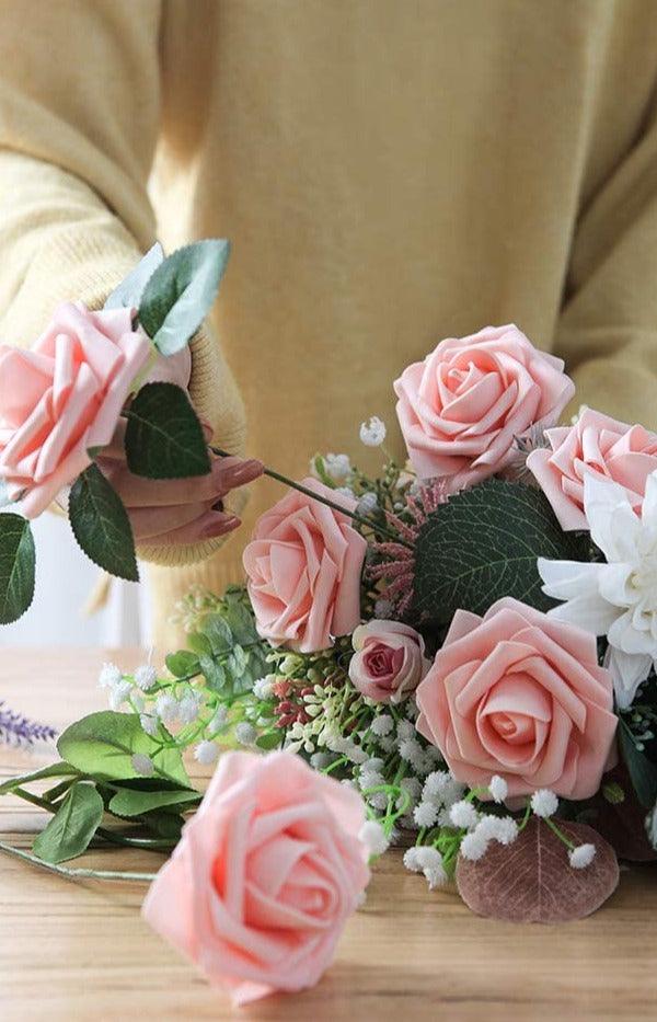 Peach Pink Foam Fake Roses with Stems for DIY Wedding Bouquets Bridal Shower Centerpieces - Decotree.co Online Shop