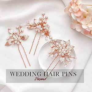 Pearl Bride Wedding Hair Pins Leaf Bridal Head Piece Flower Hair Accessories for Women and Girls (Pack of 3) (Rose Gold) - Decotree.co Online Shop