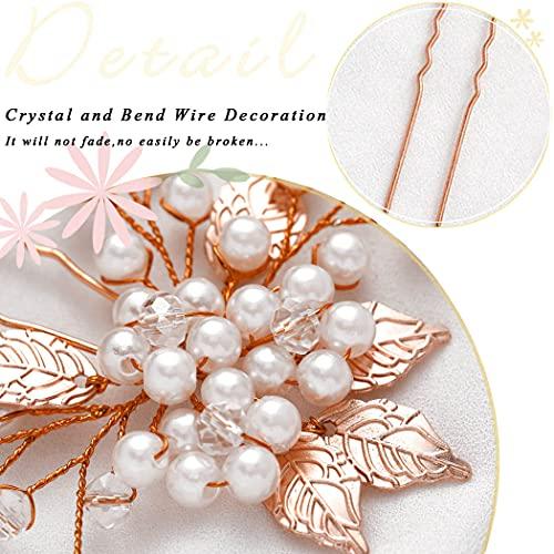 Pearl Bride Wedding Hair Pins Leaf Bridal Head Piece Flower Hair Accessories for Women and Girls (Pack of 3) (Rose Gold) - Decotree.co Online Shop