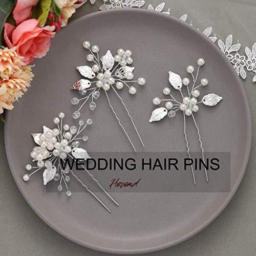 Pearl Bride Wedding Hair Pins Leaf Bridal Head Piece Flower Hair Accessories for Women and Girls (Pack of 3) (Silver) - Decotree.co Online Shop