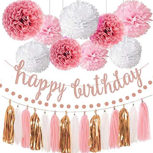 Pink Rose Gold Birthday Party Decorations Set, Rose Gold Glittery Happy Birthday banner, Tissue Paper Pom, Circle Dots Garland - Decotree.co Online Shop