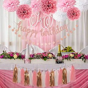 Pink Rose Gold Birthday Party Decorations Set, Rose Gold Glittery Happy Birthday banner, Tissue Paper Pom, Circle Dots Garland - Decotree.co Online Shop